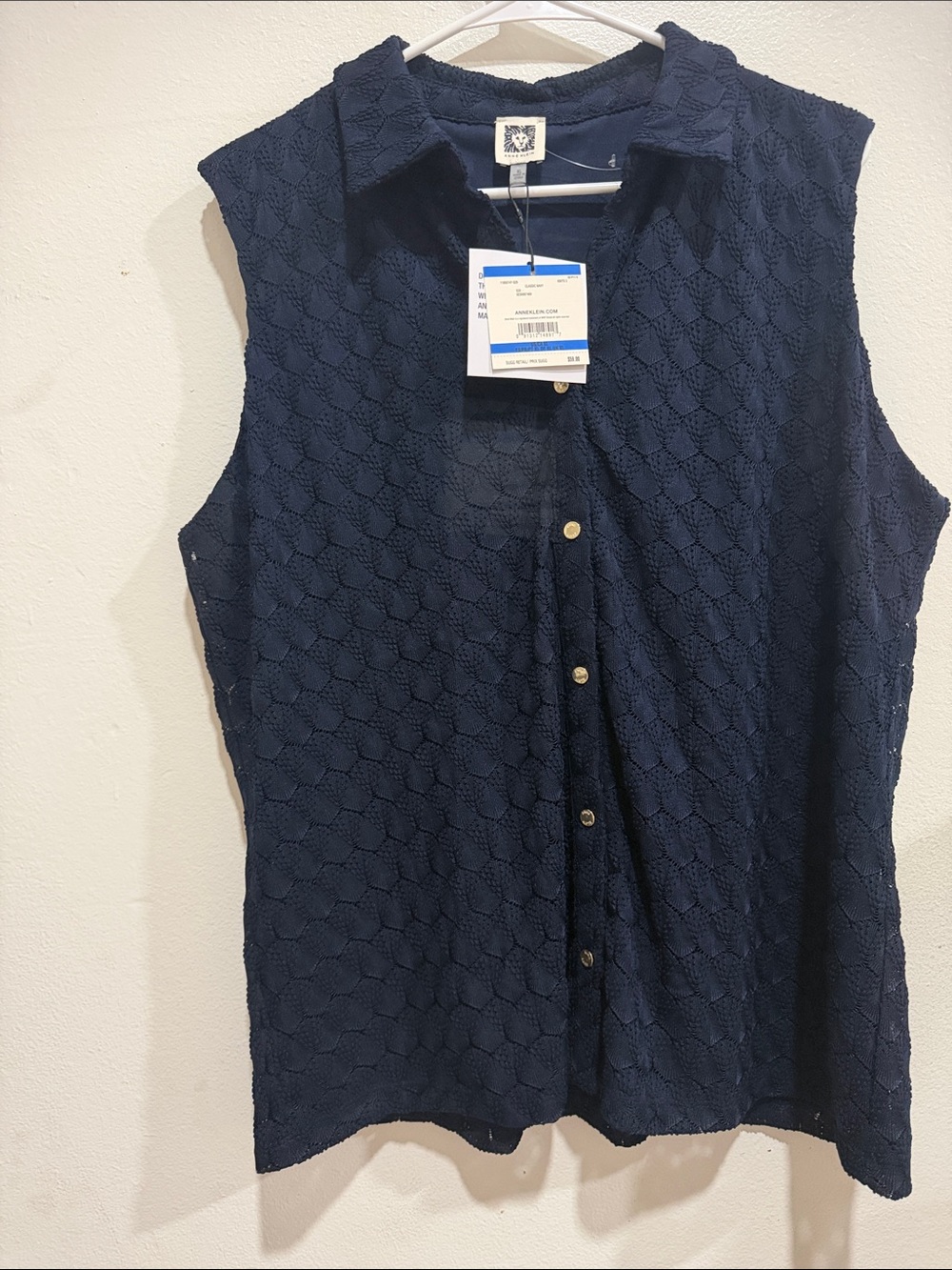 Anne Klein Navy Sleeveless Button-Down Eyelet Shirt